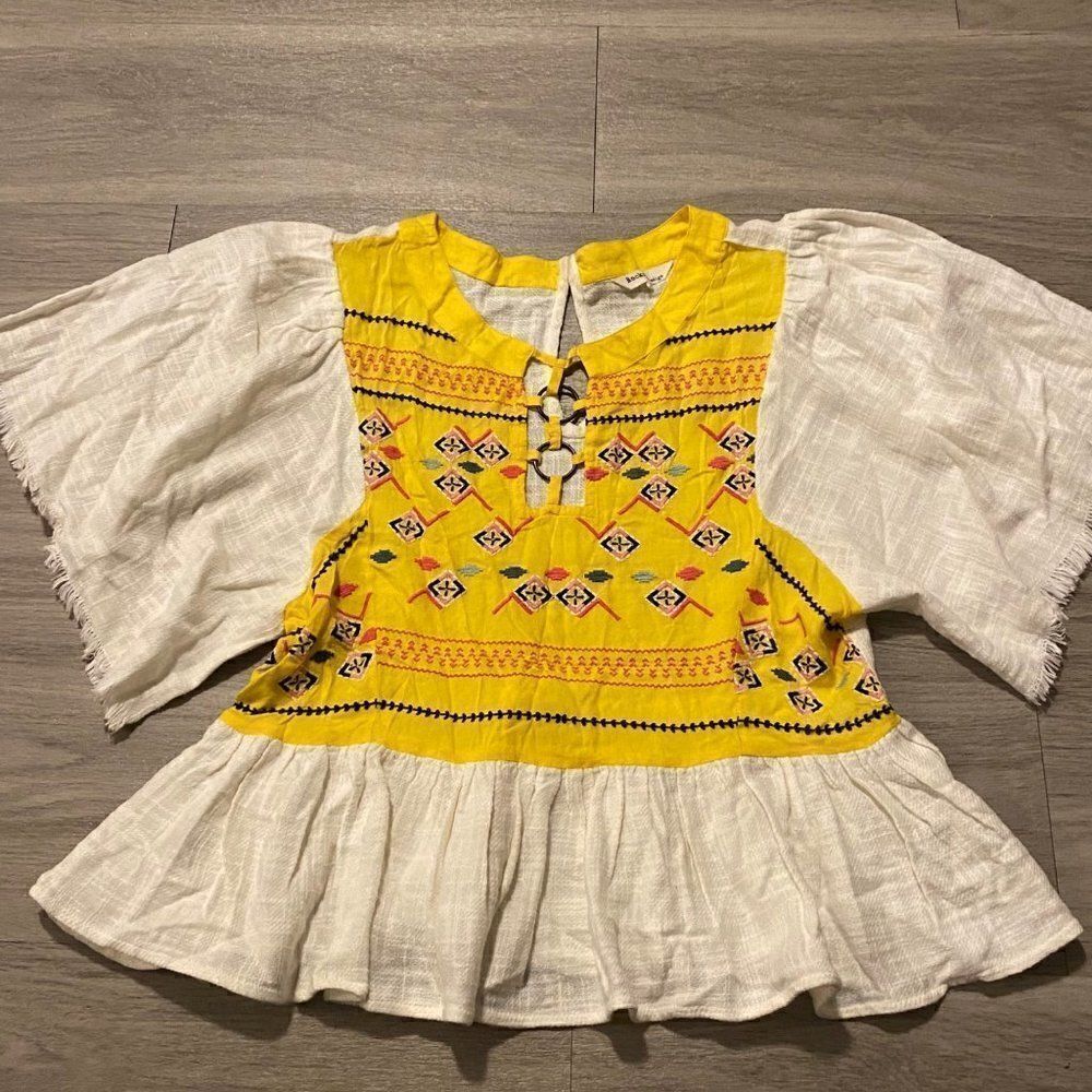 Rocks & Indigo yellow embroidered blouse with flared sleeves 100% cotton size XS